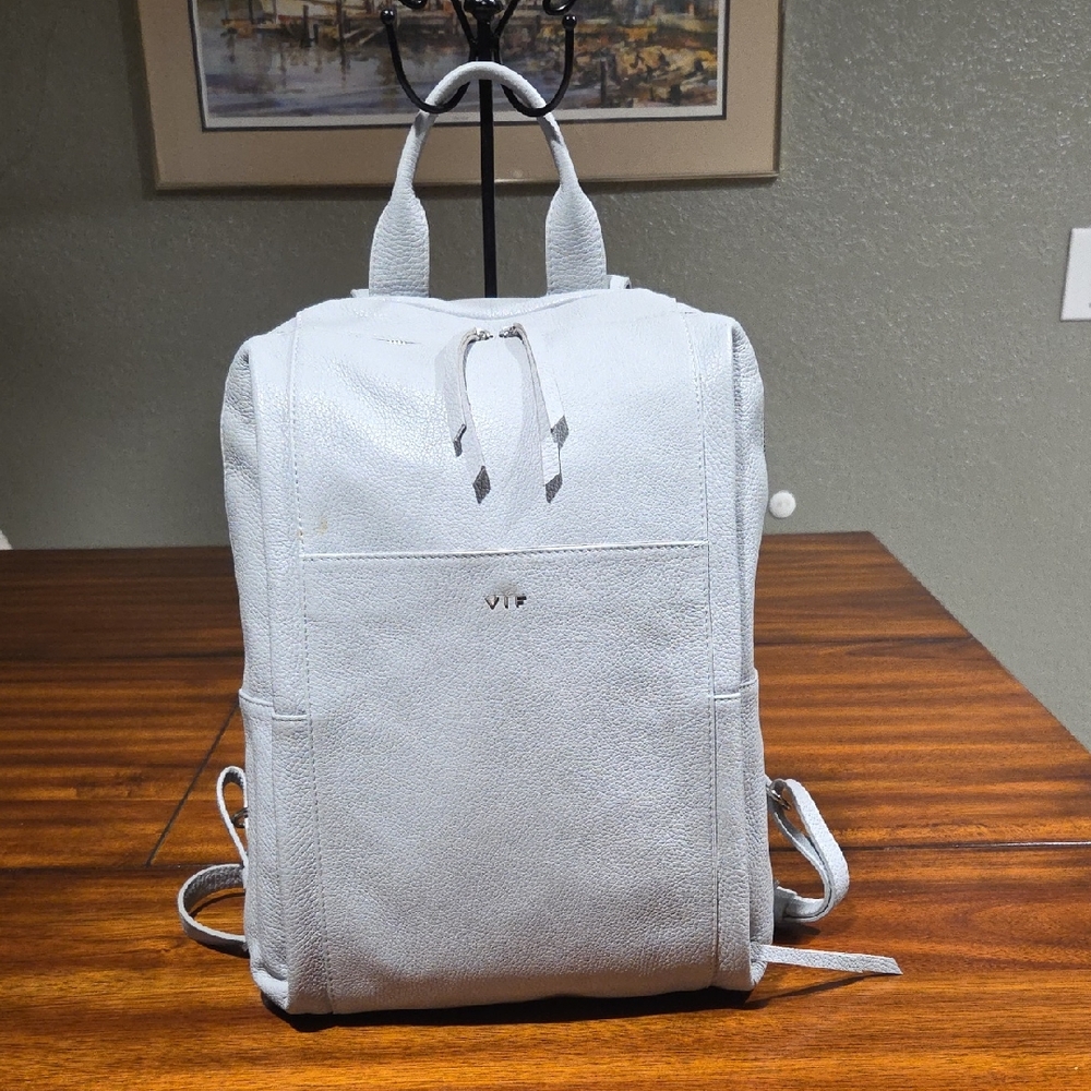 VIF Light Gray Pebbled Leather Backpack